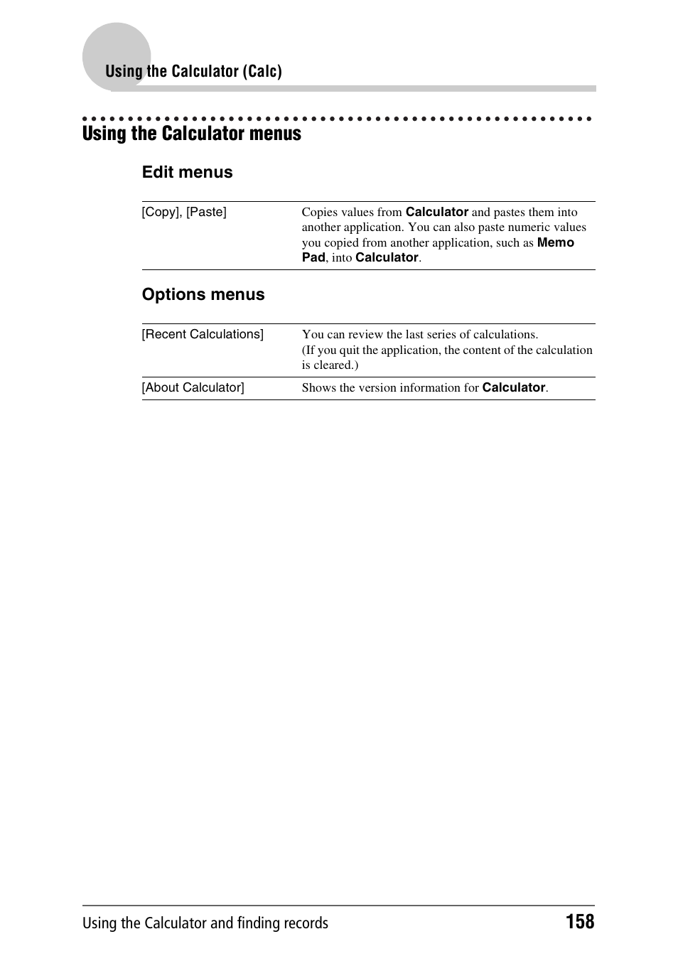 Using the calculator menus, Edit menus options menus | Sony CLIE PEG-TJ35 User Manual | Page 158 / 190