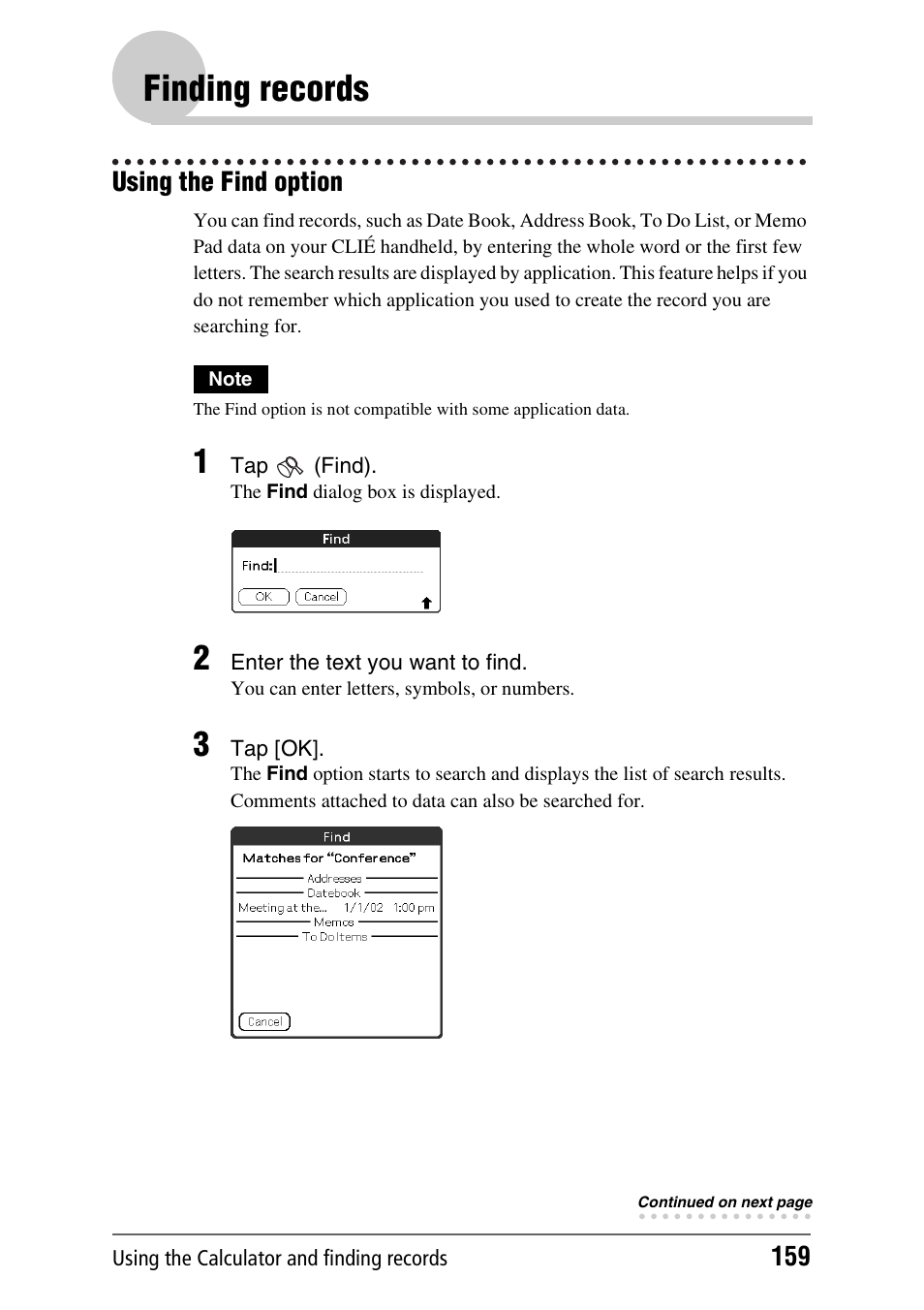 Finding records, Using the find option | Sony CLIE PEG-TJ35 User Manual | Page 159 / 190