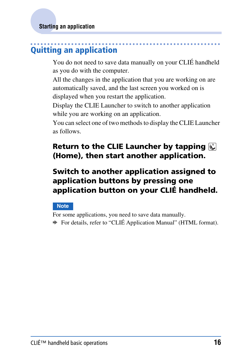 Quitting an application | Sony CLIE PEG-TJ35 User Manual | Page 16 / 190