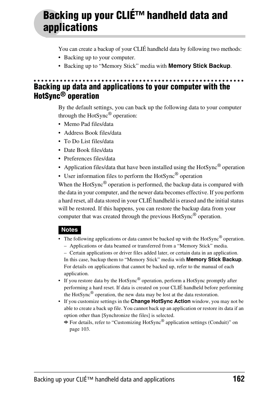 Operation, Backing up your clié™ handheld data and | Sony CLIE PEG-TJ35 User Manual | Page 162 / 190