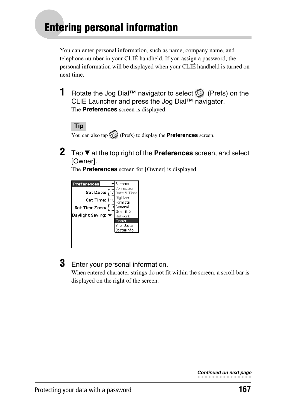 Entering personal information | Sony CLIE PEG-TJ35 User Manual | Page 167 / 190