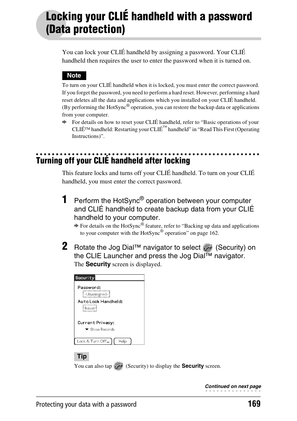 Turning off your clié handheld after locking, Locking your clié handheld with a password | Sony CLIE PEG-TJ35 User Manual | Page 169 / 190