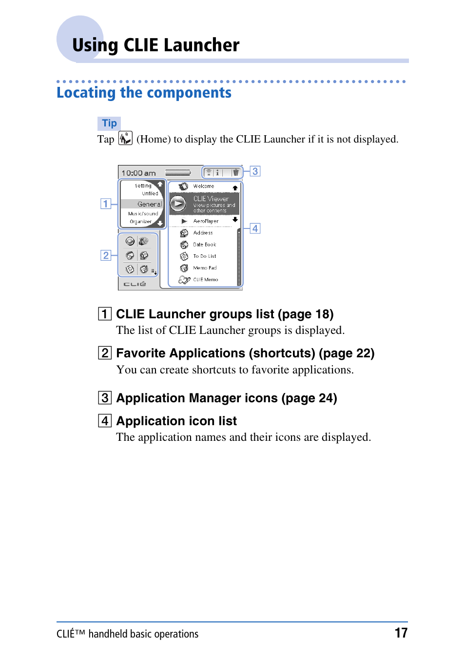 Using clie launcher, Locating the components | Sony CLIE PEG-TJ35 User Manual | Page 17 / 190