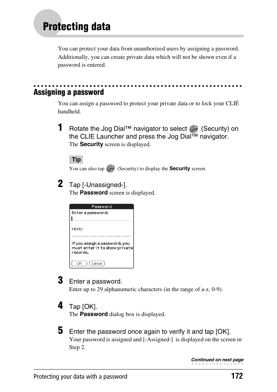 Protecting data, Assigning a password | Sony CLIE PEG-TJ35 User Manual | Page 172 / 190