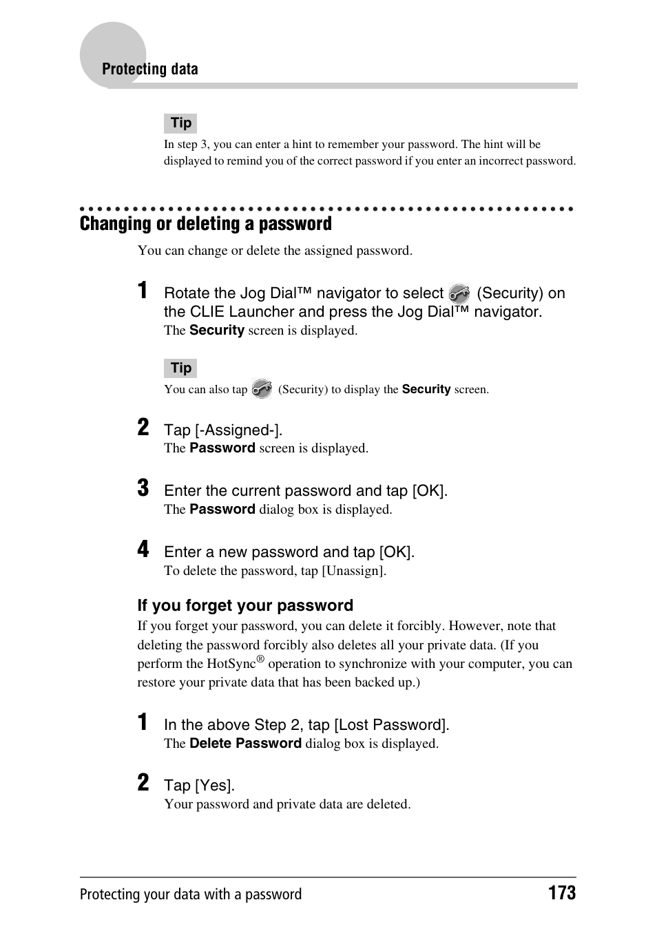 Changing or deleting a password | Sony CLIE PEG-TJ35 User Manual | Page 173 / 190