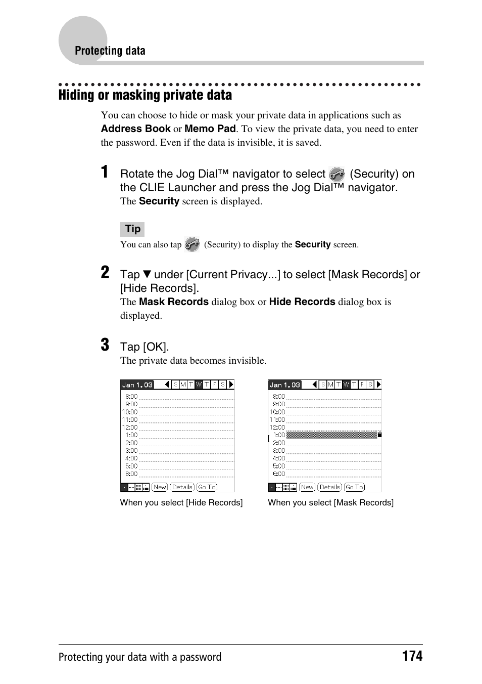 Hiding or masking private data | Sony CLIE PEG-TJ35 User Manual | Page 174 / 190