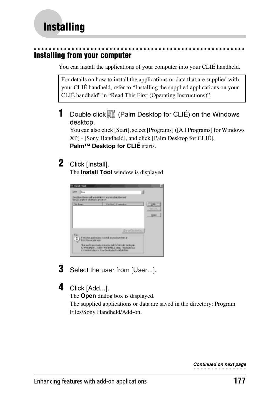 Installing, Installing from your computer | Sony CLIE PEG-TJ35 User Manual | Page 177 / 190