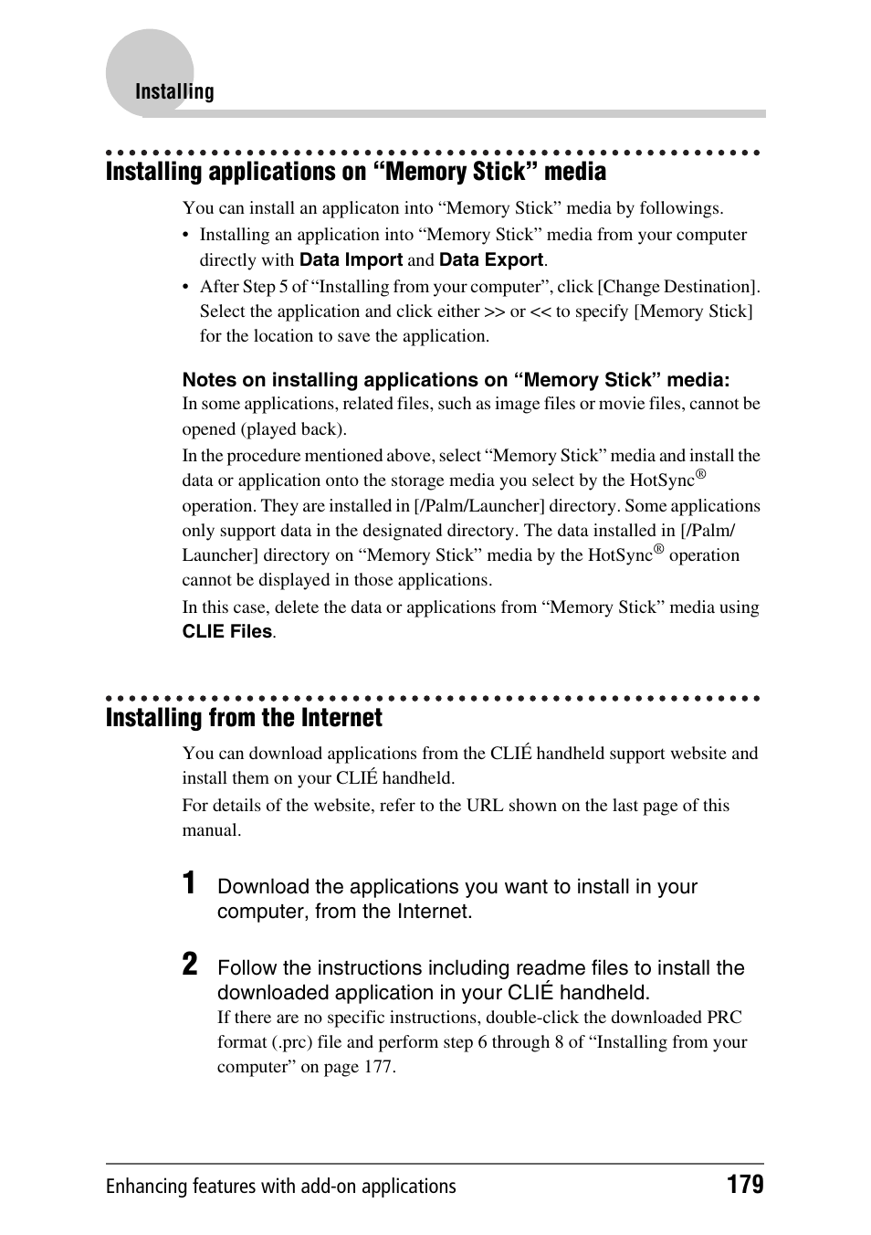 Installing applications on “memory stick” media, Installing from the internet | Sony CLIE PEG-TJ35 User Manual | Page 179 / 190