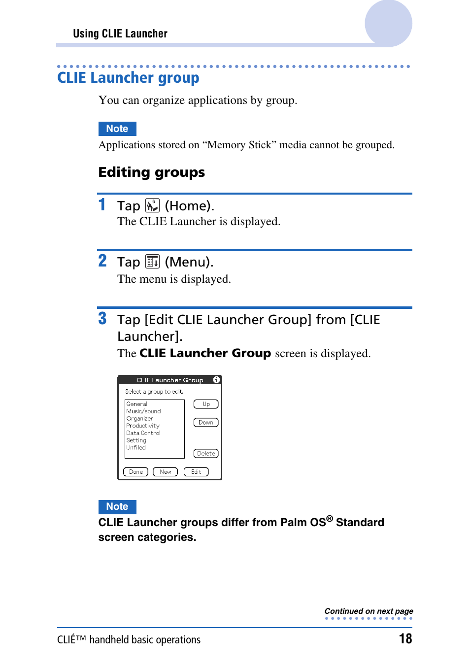 Clie launcher group, Editing groups | Sony CLIE PEG-TJ35 User Manual | Page 18 / 190
