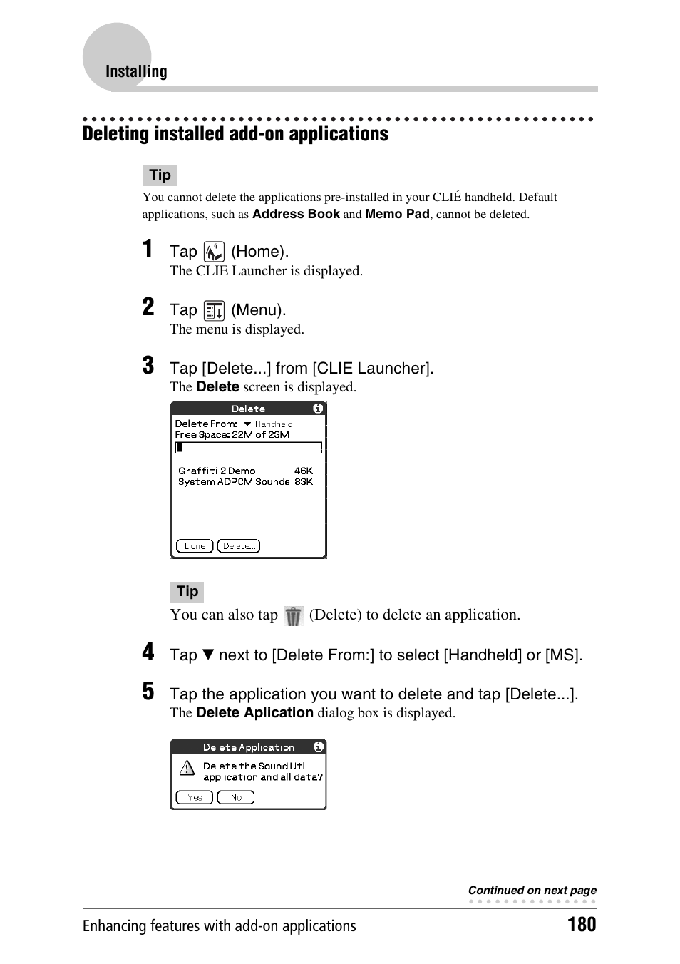 Deleting installed add-on applications, Age 180) | Sony CLIE PEG-TJ35 User Manual | Page 180 / 190