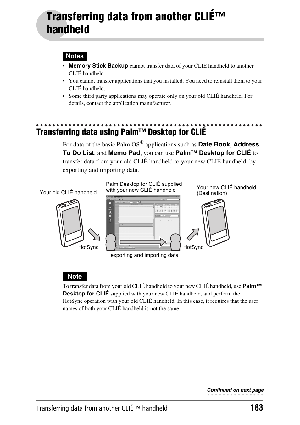 Transferring data from another clié™ handheld, Transferring data using palm™ desktop for clié | Sony CLIE PEG-TJ35 User Manual | Page 183 / 190