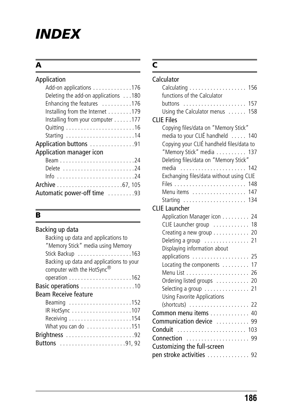 Index | Sony CLIE PEG-TJ35 User Manual | Page 186 / 190