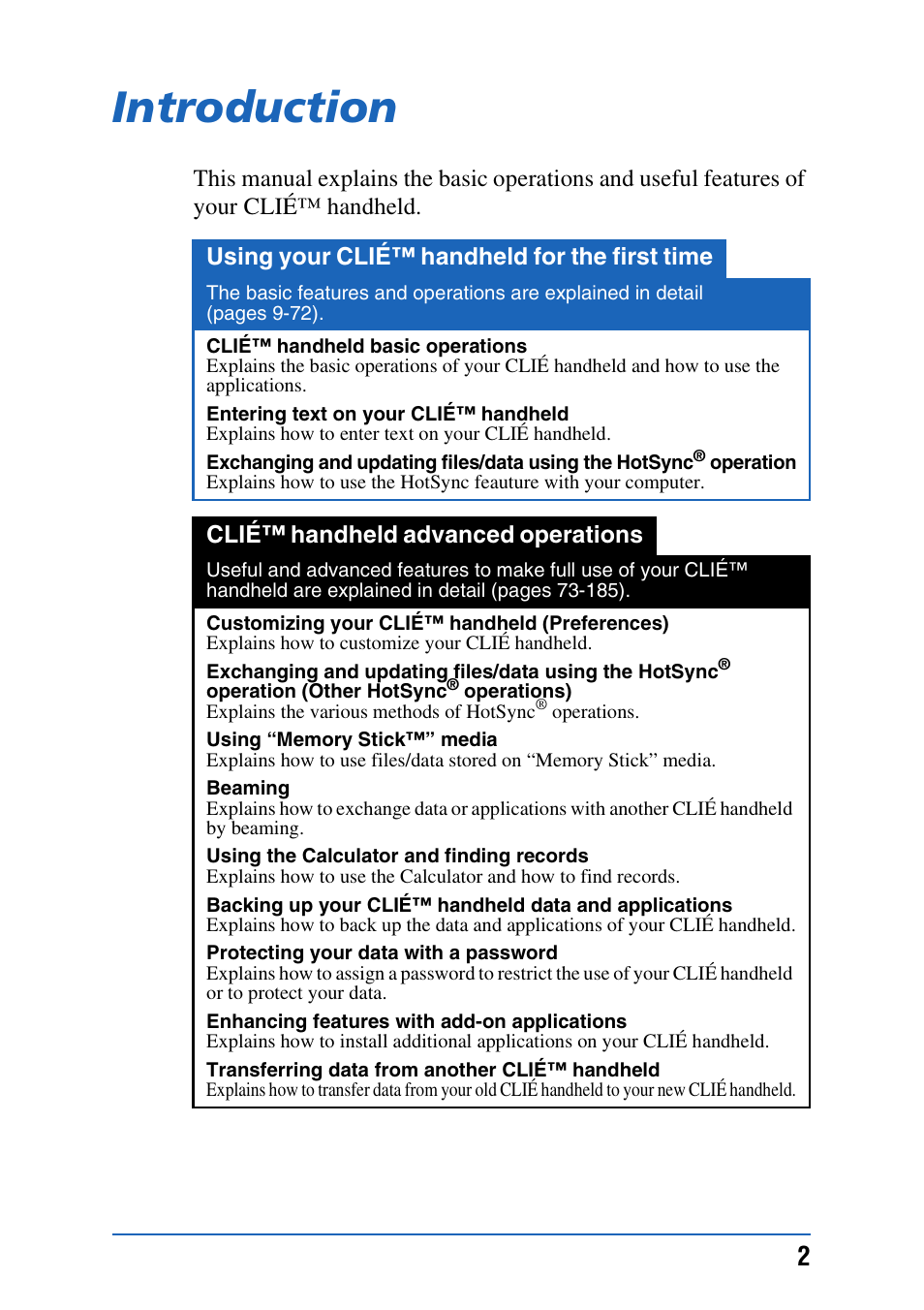 Introduction | Sony CLIE PEG-TJ35 User Manual | Page 2 / 190