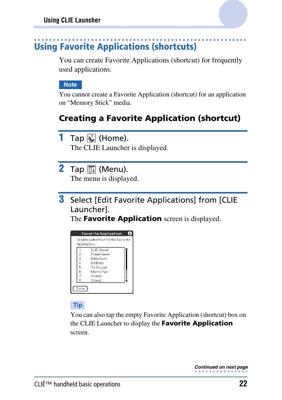 Using favorite applications (shortcuts) | Sony CLIE PEG-TJ35 User Manual | Page 22 / 190