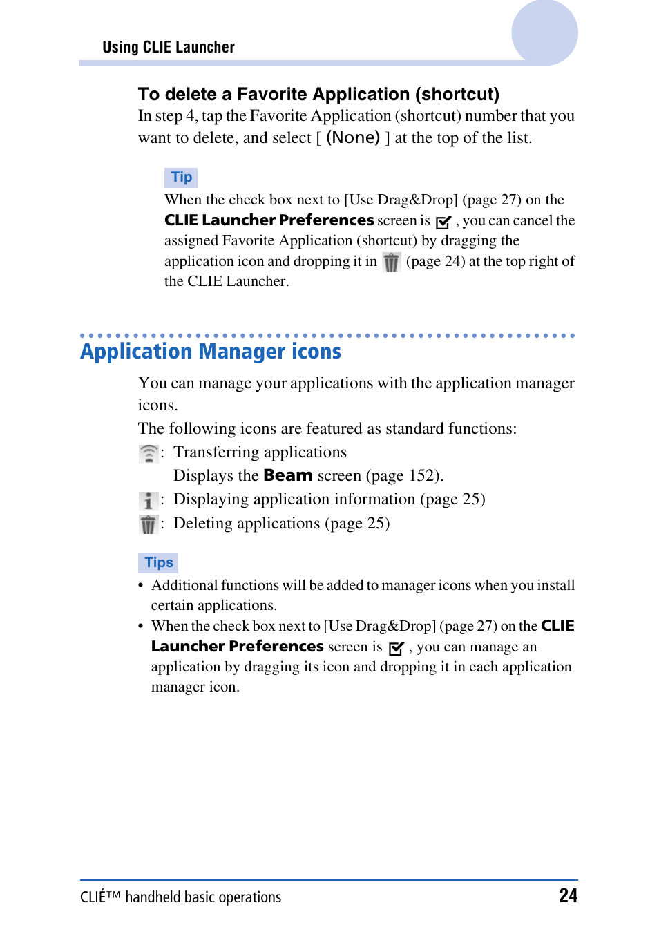 Application manager icons | Sony CLIE PEG-TJ35 User Manual | Page 24 / 190