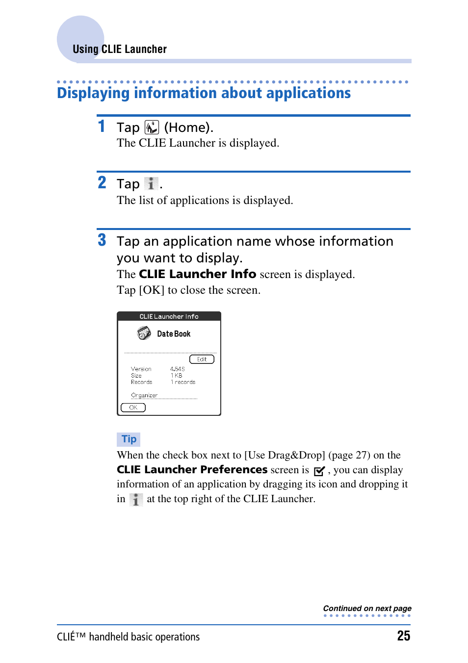 Displaying information about applications, E 25), E 25 | Sony CLIE PEG-TJ35 User Manual | Page 25 / 190