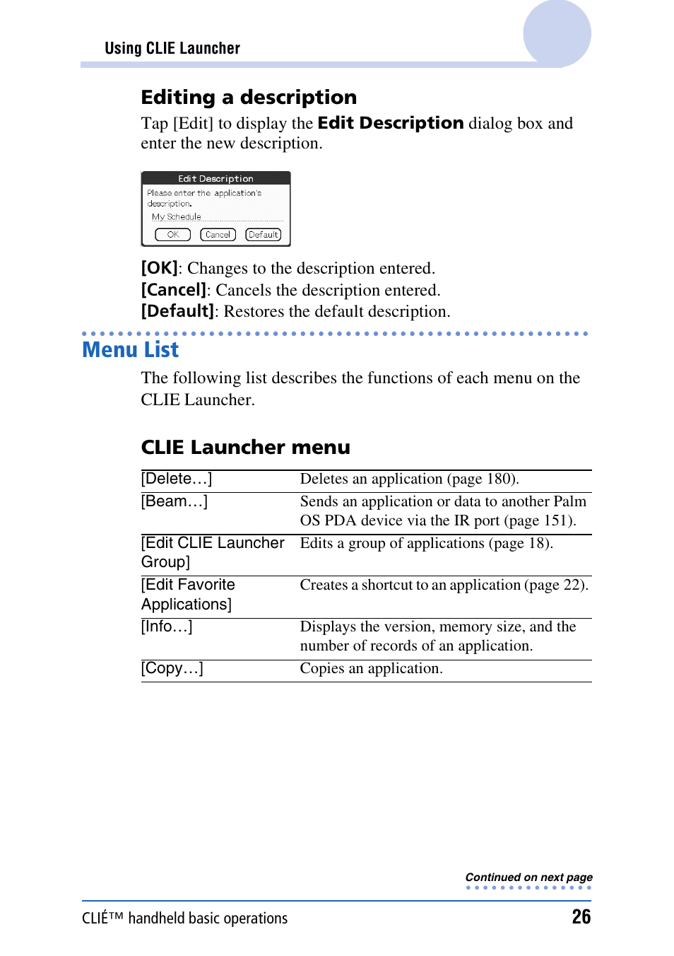 Menu list, Editing a description, Clie launcher menu | Sony CLIE PEG-TJ35 User Manual | Page 26 / 190