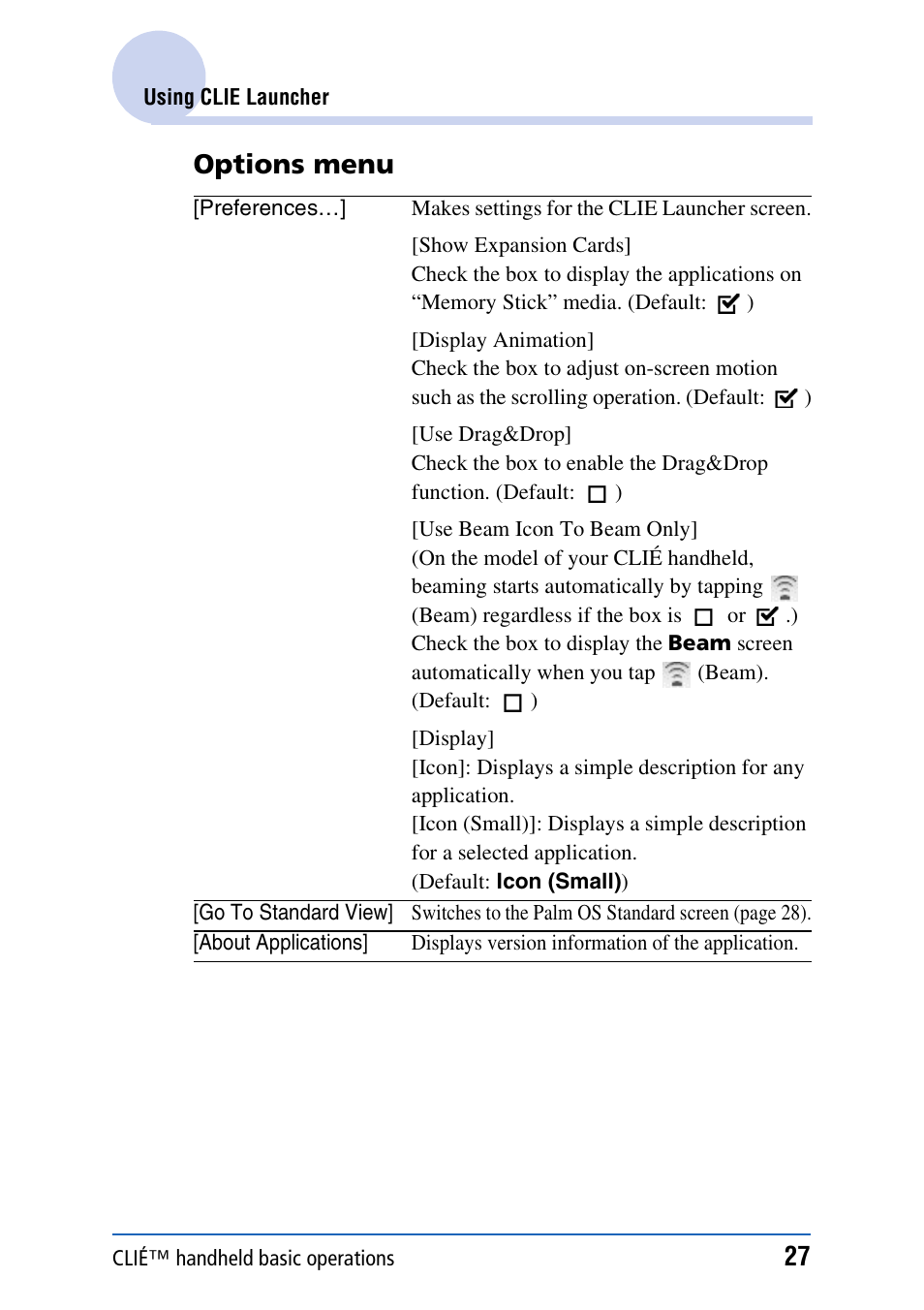 27) o, Age 27, Options menu | Sony CLIE PEG-TJ35 User Manual | Page 27 / 190