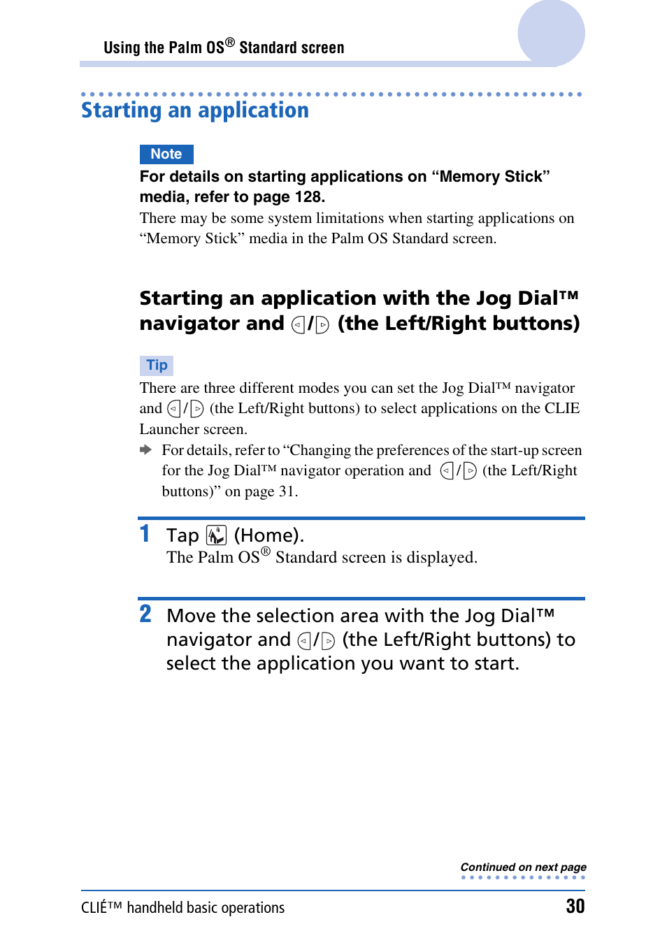 Starting an application, Tap (home) | Sony CLIE PEG-TJ35 User Manual | Page 30 / 190