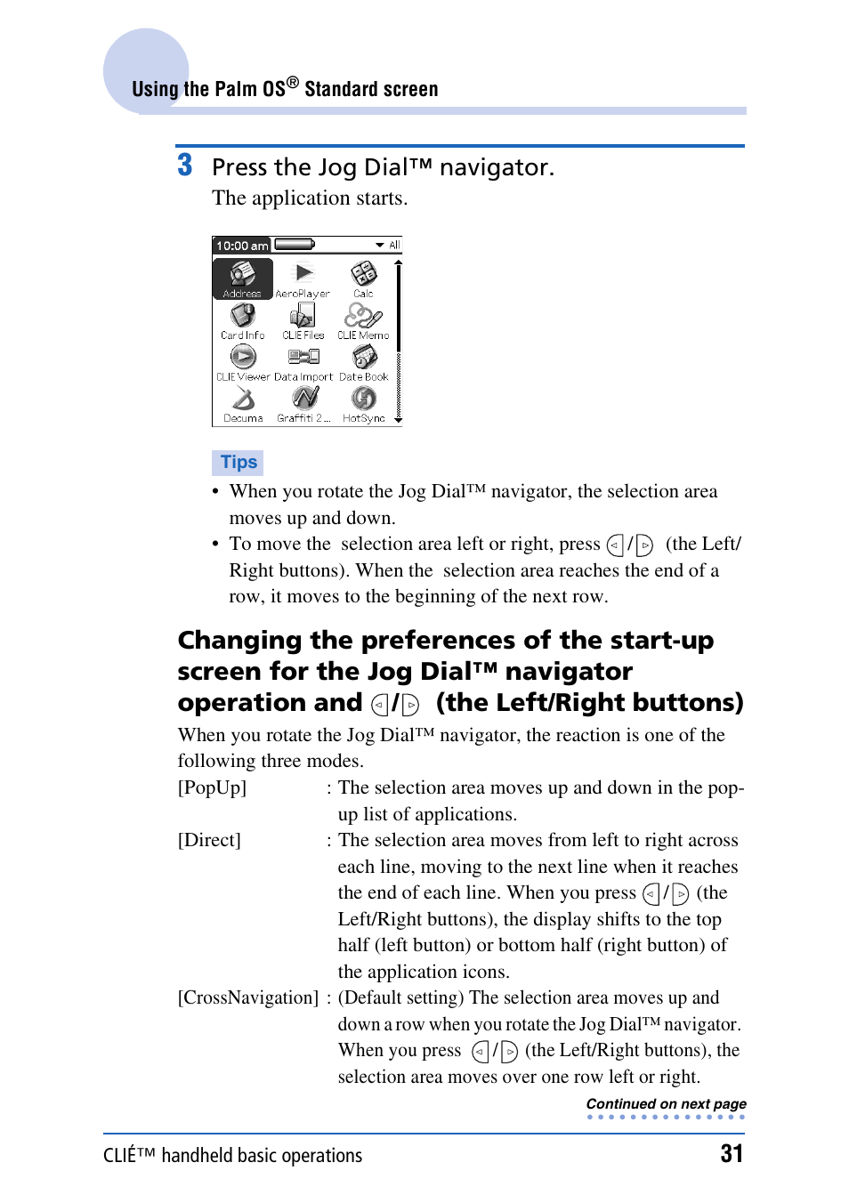 Press the jog dial™ navigator | Sony CLIE PEG-TJ35 User Manual | Page 31 / 190