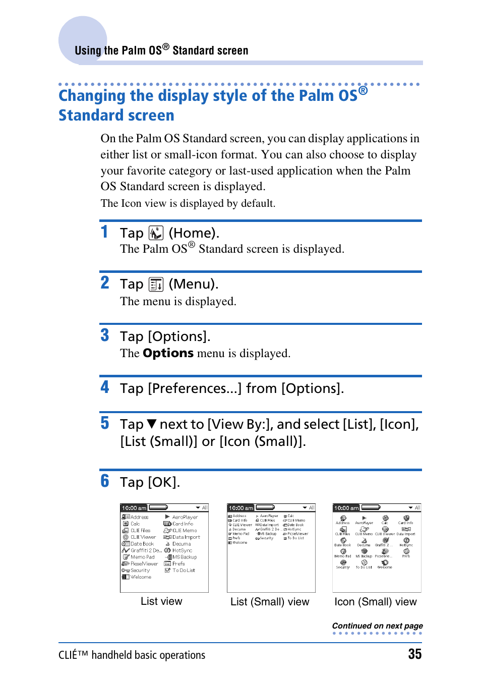 Changing the display style of the palm os, Standard screen | Sony CLIE PEG-TJ35 User Manual | Page 35 / 190