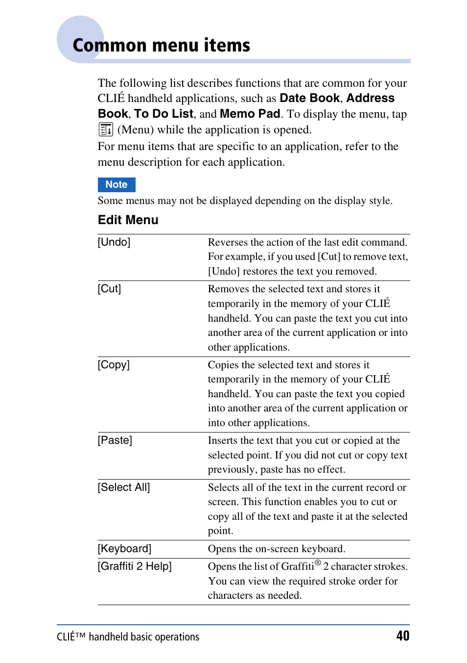 Common menu items | Sony CLIE PEG-TJ35 User Manual | Page 40 / 190