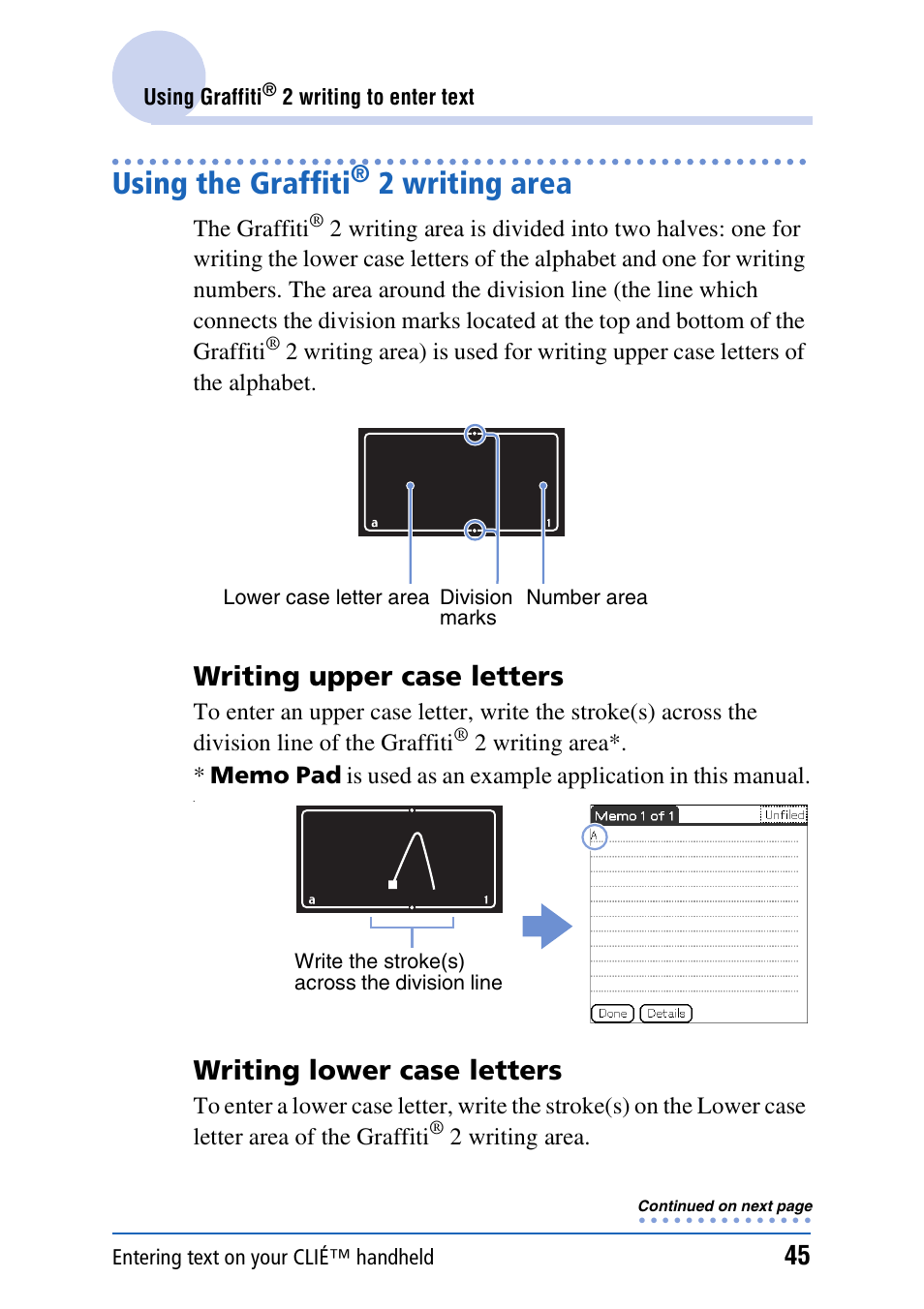 Using the graffiti® 2 writing area, Using the graffiti, 2 writing area | Writing upper case letters, Writing lower case letters | Sony CLIE PEG-TJ35 User Manual | Page 45 / 190