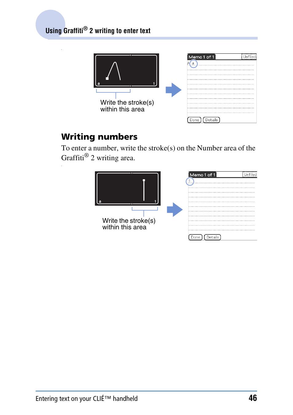 Writing numbers, 2 writing area | Sony CLIE PEG-TJ35 User Manual | Page 46 / 190