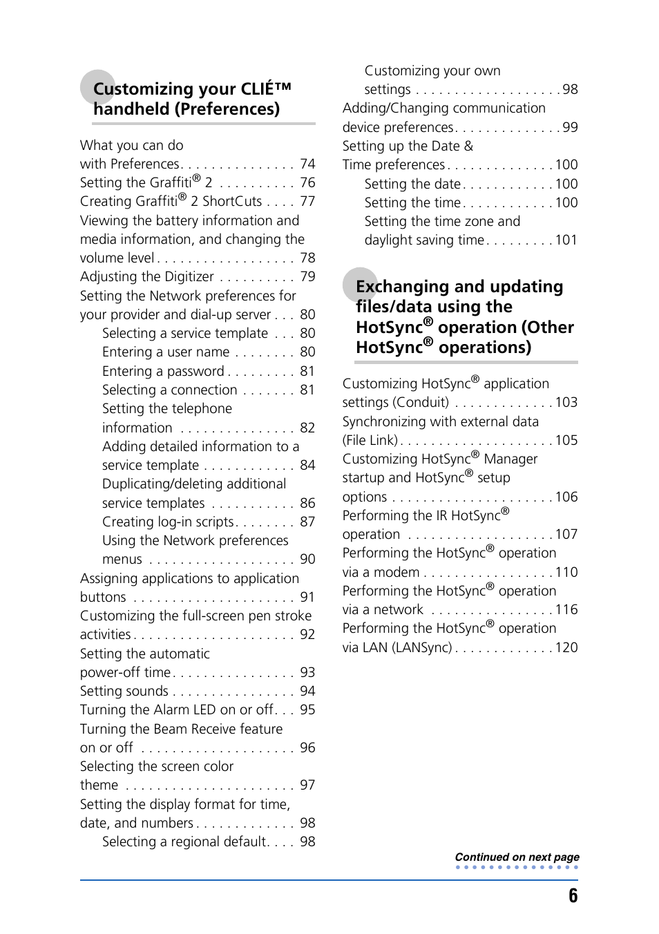 Customizing your clié™ handheld (preferences), Operation (other hotsync, Operations) | Sony CLIE PEG-TJ35 User Manual | Page 6 / 190