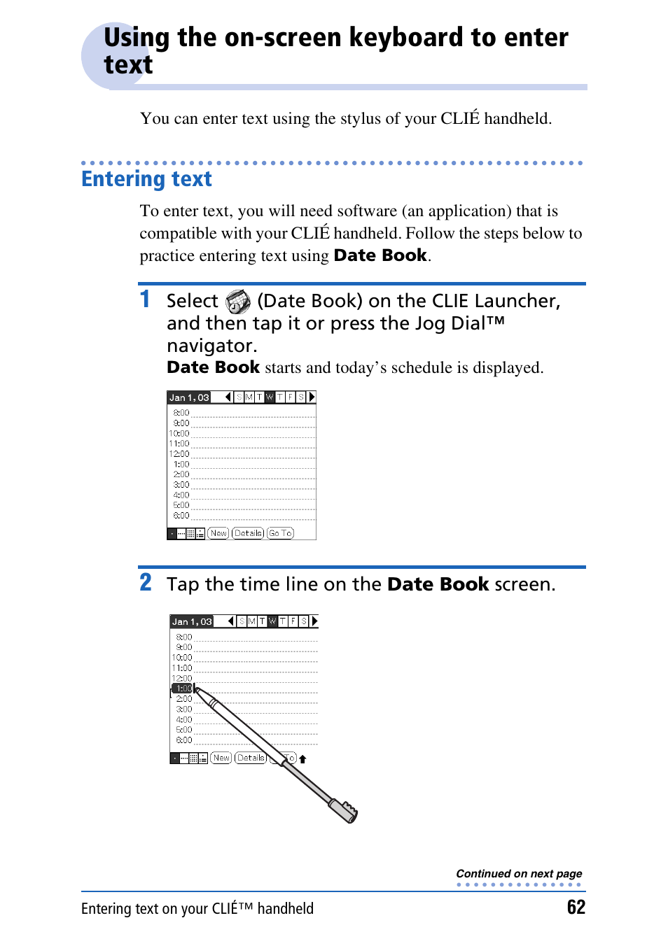 Using the on-screen keyboard to enter text, Entering text | Sony CLIE PEG-TJ35 User Manual | Page 62 / 190