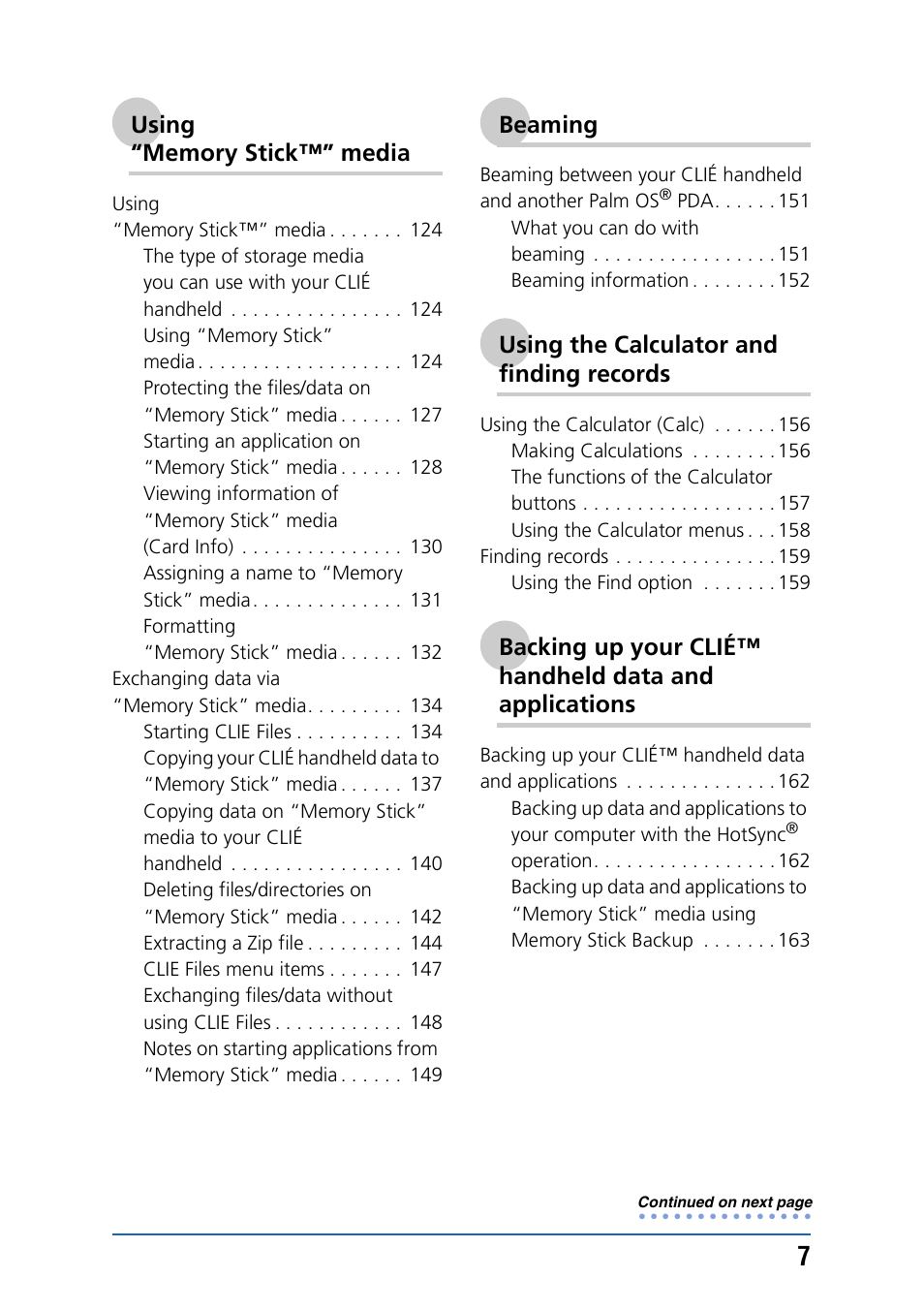 Beaming, Using the calculator and finding records | Sony CLIE PEG-TJ35 User Manual | Page 7 / 190