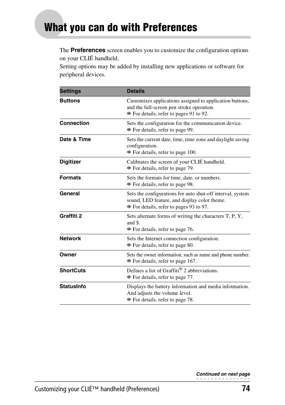 What you can do with preferences | Sony CLIE PEG-TJ35 User Manual | Page 74 / 190