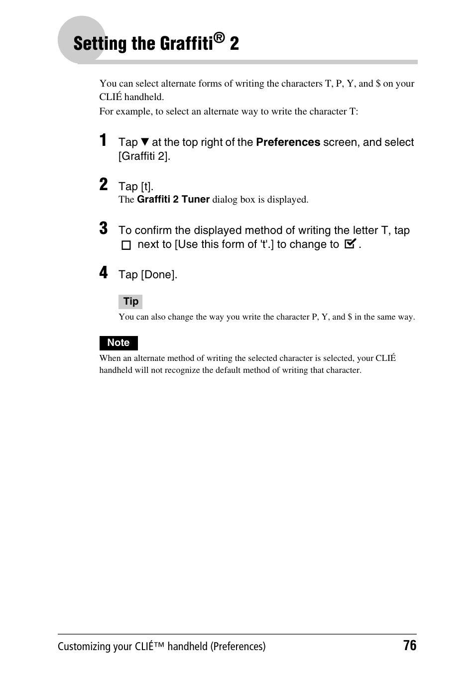 Setting the graffiti® 2, Setting the graffiti | Sony CLIE PEG-TJ35 User Manual | Page 76 / 190