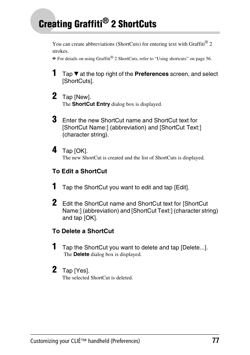 Creating graffiti® 2 shortcuts, Creating graffiti, 2 shortcuts | Sony CLIE PEG-TJ35 User Manual | Page 77 / 190