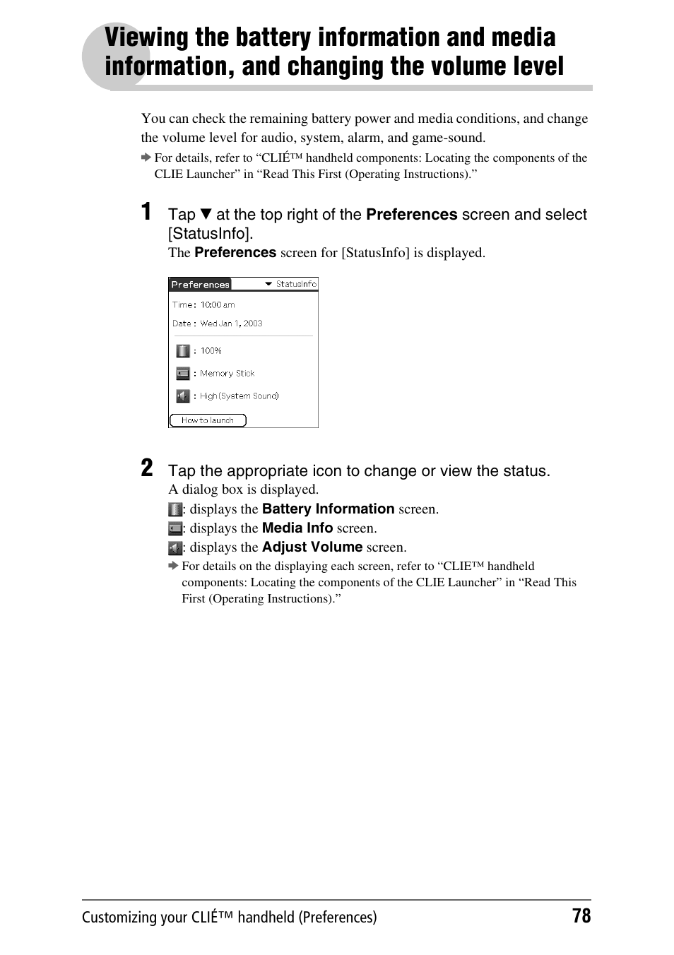 Viewing the battery information and, Media information, and changing the volume level | Sony CLIE PEG-TJ35 User Manual | Page 78 / 190