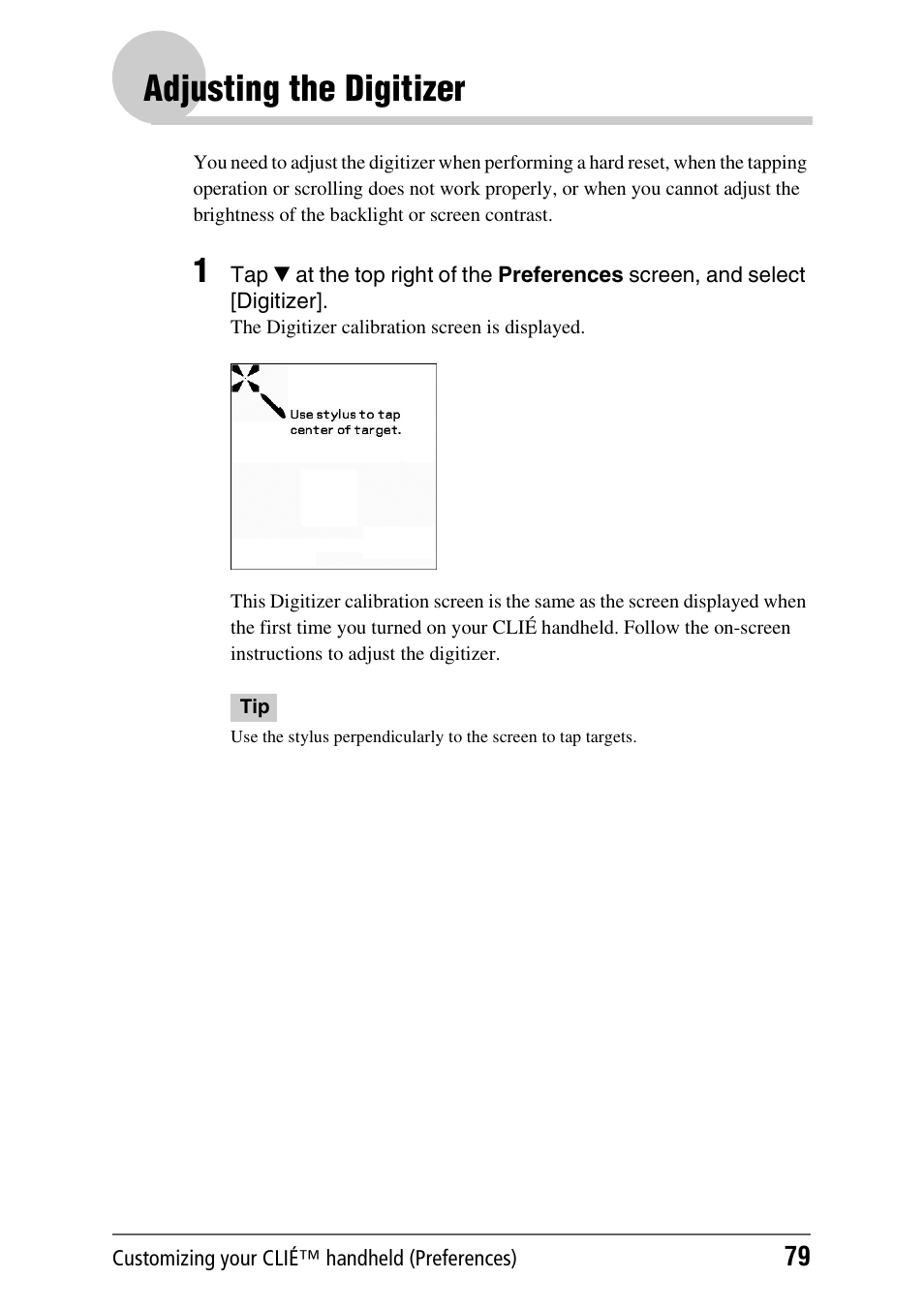 Adjusting the digitizer | Sony CLIE PEG-TJ35 User Manual | Page 79 / 190