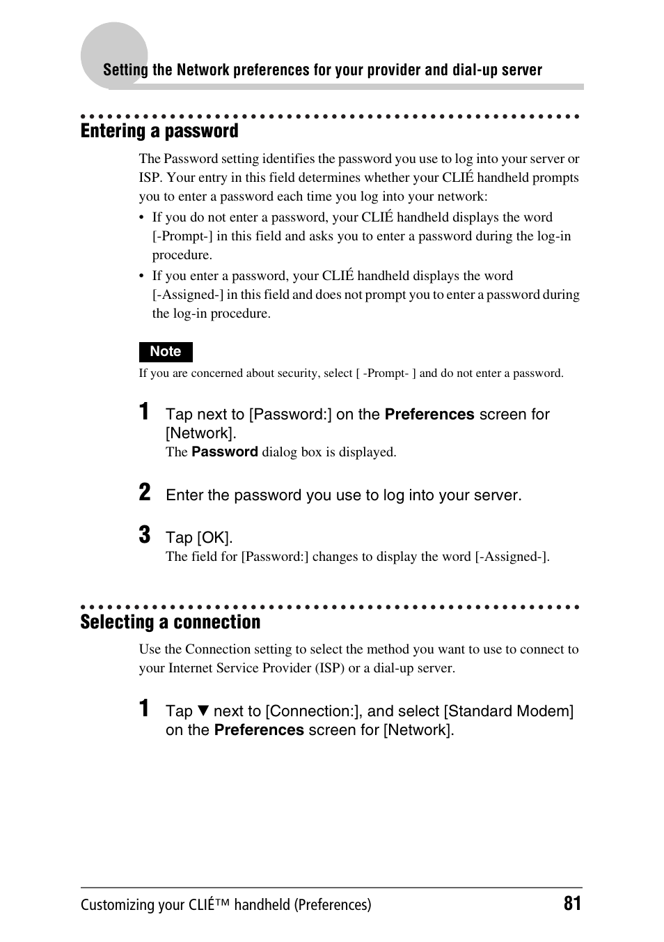 Entering a password, Selecting a connection, Entering a password selecting a connection | Sony CLIE PEG-TJ35 User Manual | Page 81 / 190