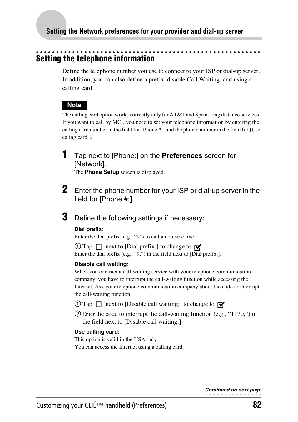 Setting the telephone information | Sony CLIE PEG-TJ35 User Manual | Page 82 / 190