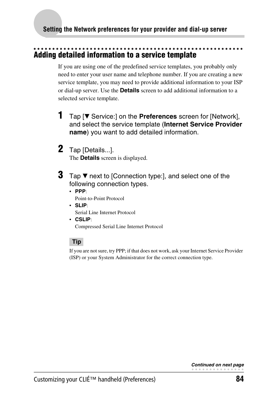 Adding detailed information to a service template | Sony CLIE PEG-TJ35 User Manual | Page 84 / 190