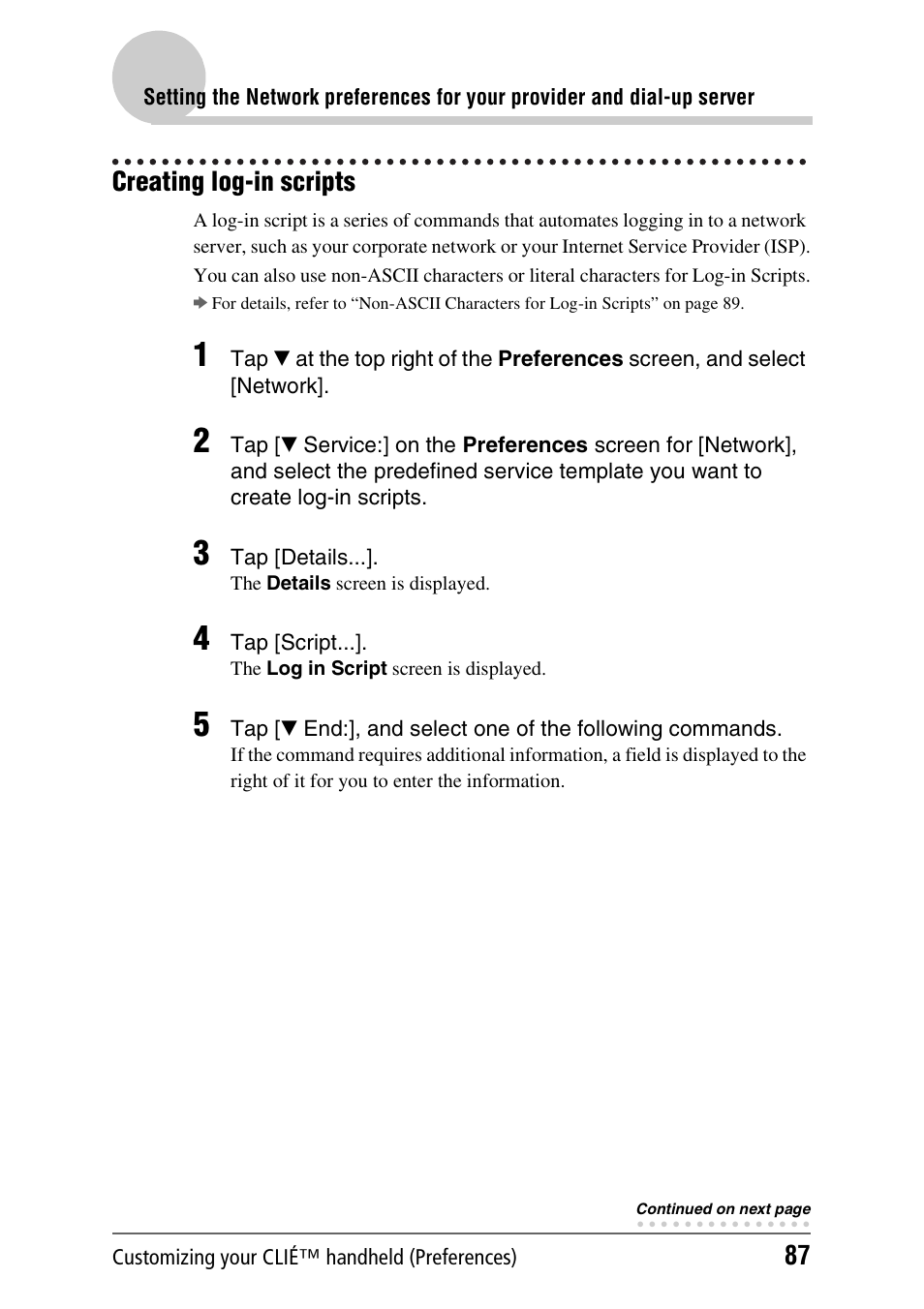 Creating log-in scripts | Sony CLIE PEG-TJ35 User Manual | Page 87 / 190