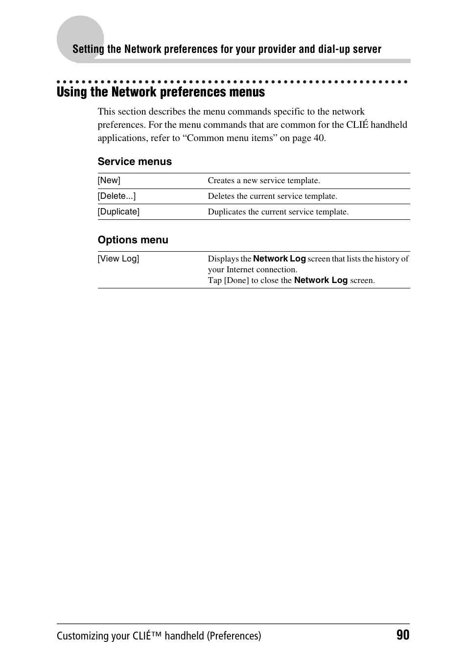 Using the network preferences menus | Sony CLIE PEG-TJ35 User Manual | Page 90 / 190