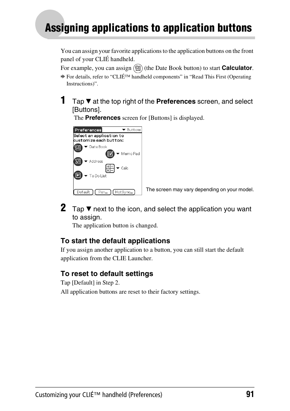 Assigning applications to application buttons, Assigning applications to, Application buttons | S 91 t | Sony CLIE PEG-TJ35 User Manual | Page 91 / 190