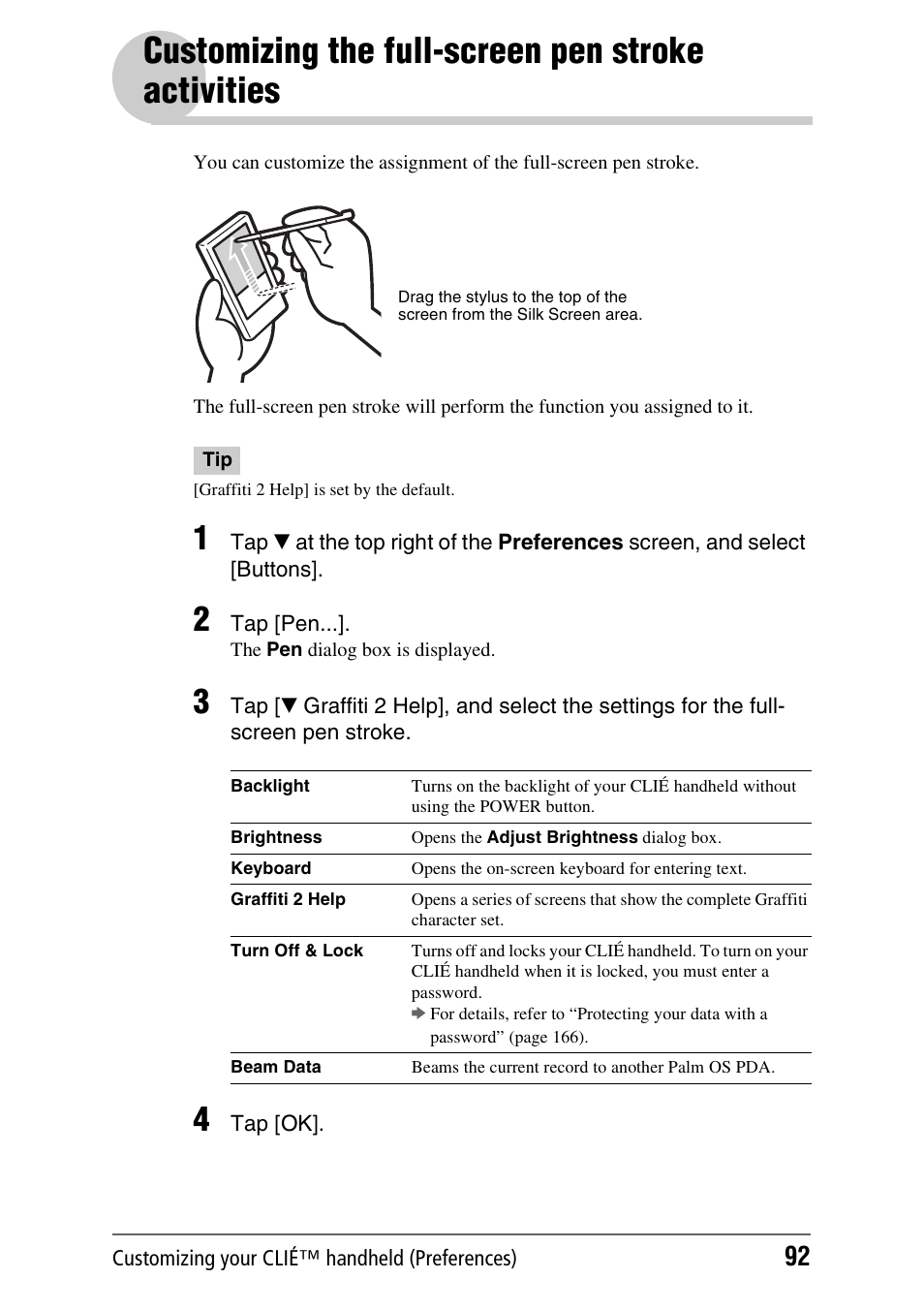 Customizing the full-screen pen stroke activities, Customizing the full-screen pen stroke, Activities | Sony CLIE PEG-TJ35 User Manual | Page 92 / 190