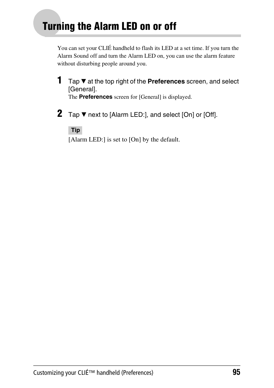 Turning the alarm led on or off | Sony CLIE PEG-TJ35 User Manual | Page 95 / 190