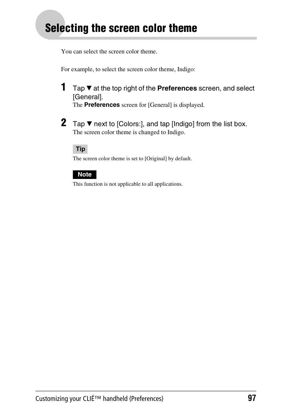 Selecting the screen color theme | Sony CLIE PEG-TJ35 User Manual | Page 97 / 190