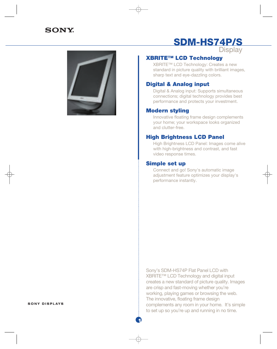 Sony XBRITE SDM-HS74P User Manual | 2 pages