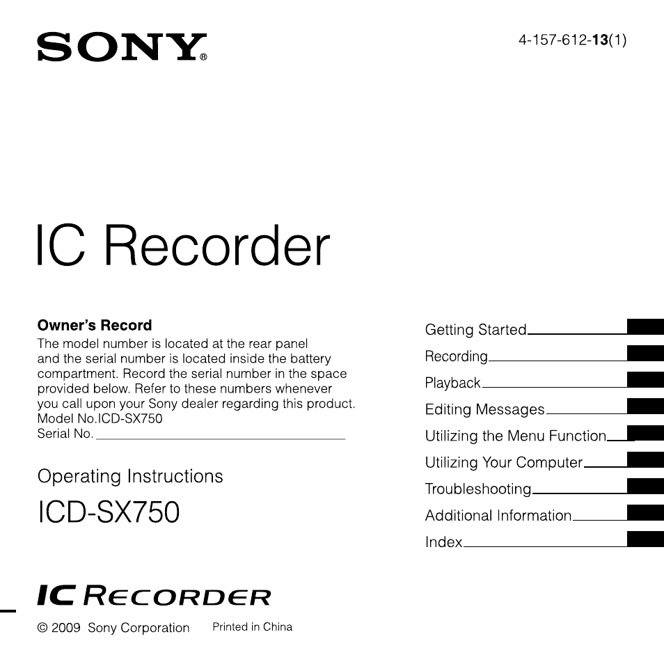 Sony IC RECORDER ICD-SX750 User Manual | 136 pages