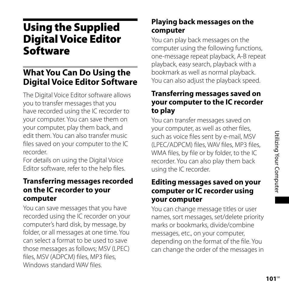 Using the supplied digital voice editor software, Using the supplied digital voice editor, Software | What you can do using the digital, Voice editor software | Sony IC RECORDER ICD-SX750 User Manual | Page 101 / 136