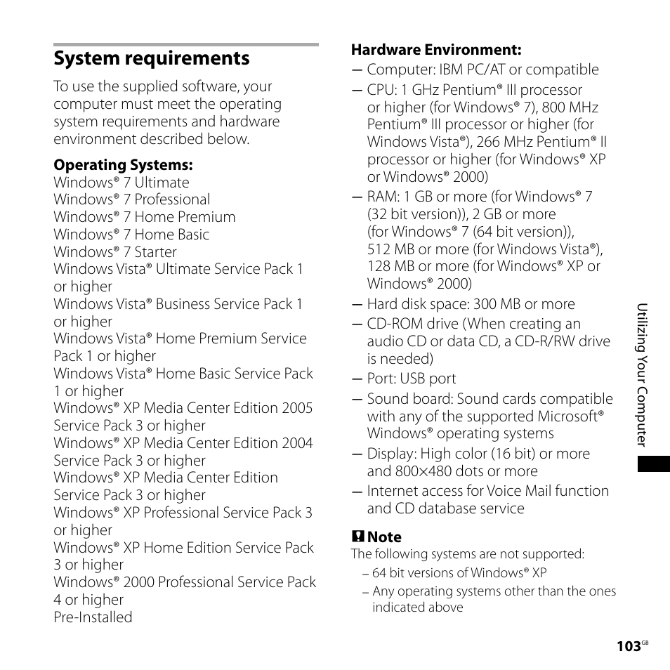 System requirements | Sony IC RECORDER ICD-SX750 User Manual | Page 103 / 136