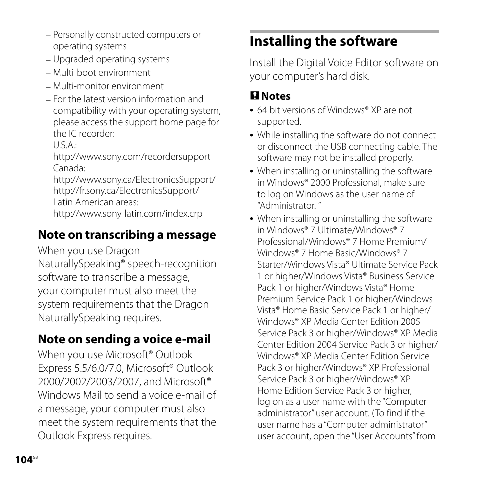 Installing the software | Sony IC RECORDER ICD-SX750 User Manual | Page 104 / 136